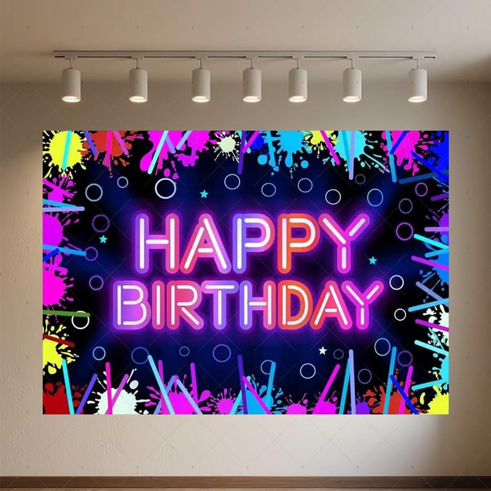 Glitter Happy Birthday Background Banner Glow Neon Dance Carnival Party Decorations Colourful Backdrop Supplies Photography Prop