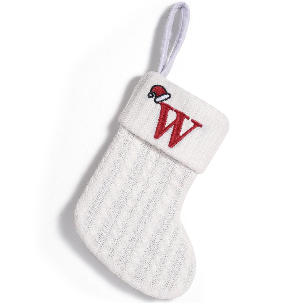 Cross-Border White Knitted Christmas Stocking with Letter Embroidery – Decorative Gift Bag Ornament.