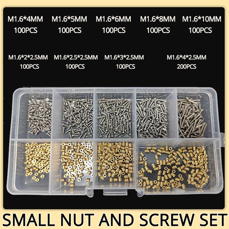 M1.4 M1.6 M2 M2.5 Brass Insert Nut and 304 Stainless Steel Screw Set Heat Hot Melt Thread Knurled Embedment Copper Nut Kit