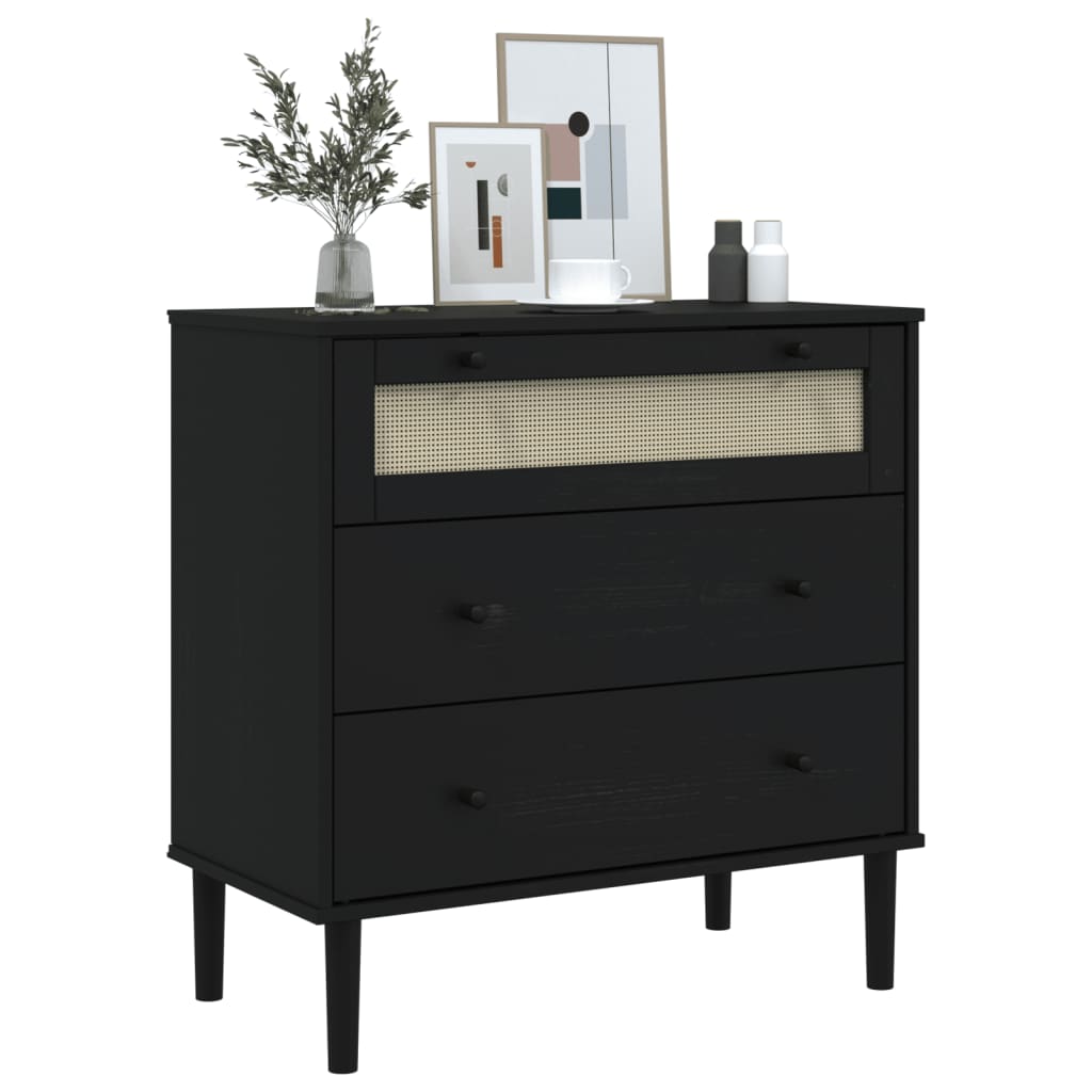 SENJA Drawer Chest Rattan Look Black 80 x 40 x 80 cm Pine Wood