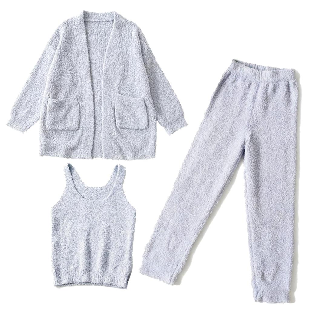 Mokoya Stylish and Loungewear Long Blue Women's Fluffy, Pajamas, Heat-Generating, Open-Front, Cute, Camisole, 3-Piece Set, Sleeves, Fall/Winter,
