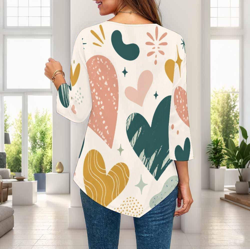Womens Plus Size Three Quarter Sleeve Blouse Pointed Hem Breathable Loose Casual Daily Activity Top