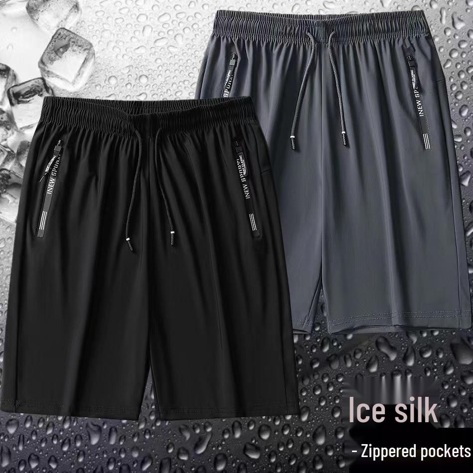 Men's Ice Silk Quick-Dry Loose Fit Five-Point Shorts with Zipper Pockets - Plus Size Available