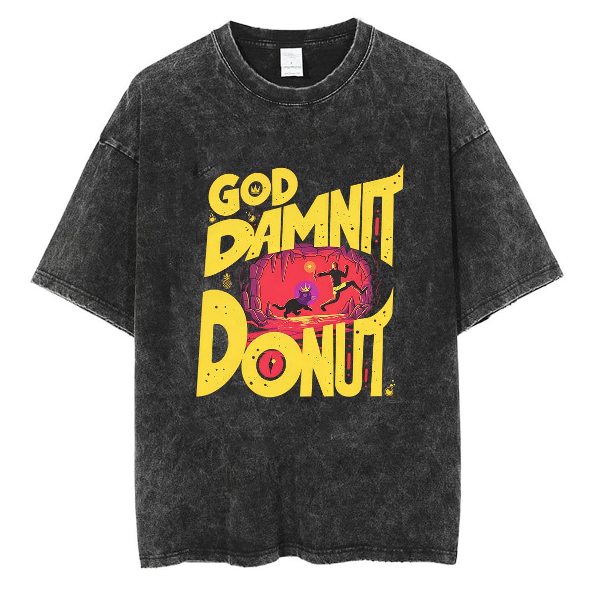 Hot Game Dungeon Crawler Carl Vintage Washed T Shirt God Damnit Donut Cat Tops Clothing Short Sleeve T-shirts Men Women  T-shirt S разноцветный