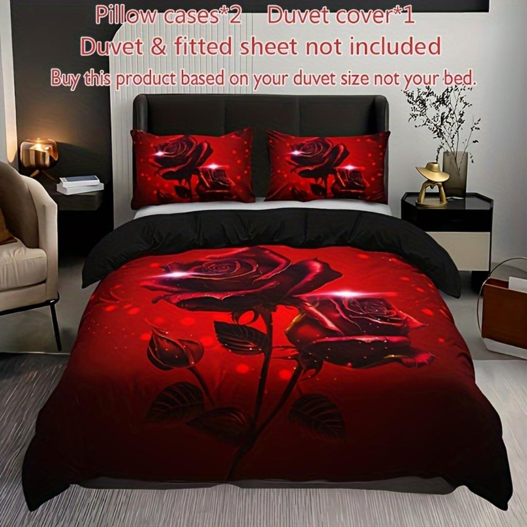 3pcs Red Rose Print Bedding Set Soft Comfortable Duvet Cover King Queen Twin Single Size Bithday Gift for Sister Room Decoration