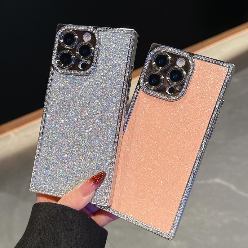 Glitzernde Handyhülle mit Diamantrahmen für iPhone 16 Pro 15 Pro Max 14 13 Pro, galvanisiert, stoßfest, Linsenschutz, Silikon, weiche Bumper-Abdeckung