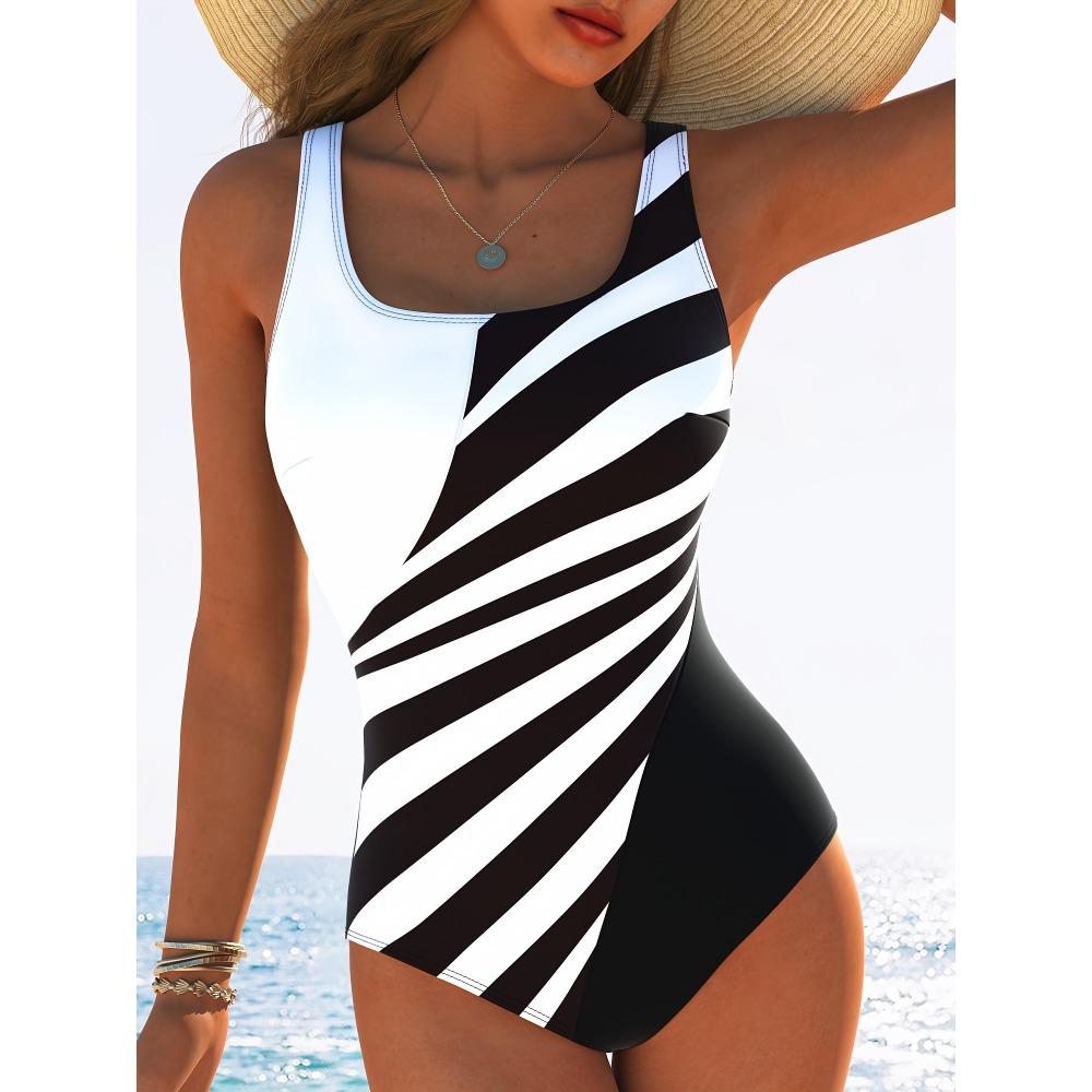 

Женский спортивный слитный купальник с геометрическим принтом - Высокая эластичность, машинная стирка, черно-белый полосатый дизайн для пляжной одежды XXL чёрный