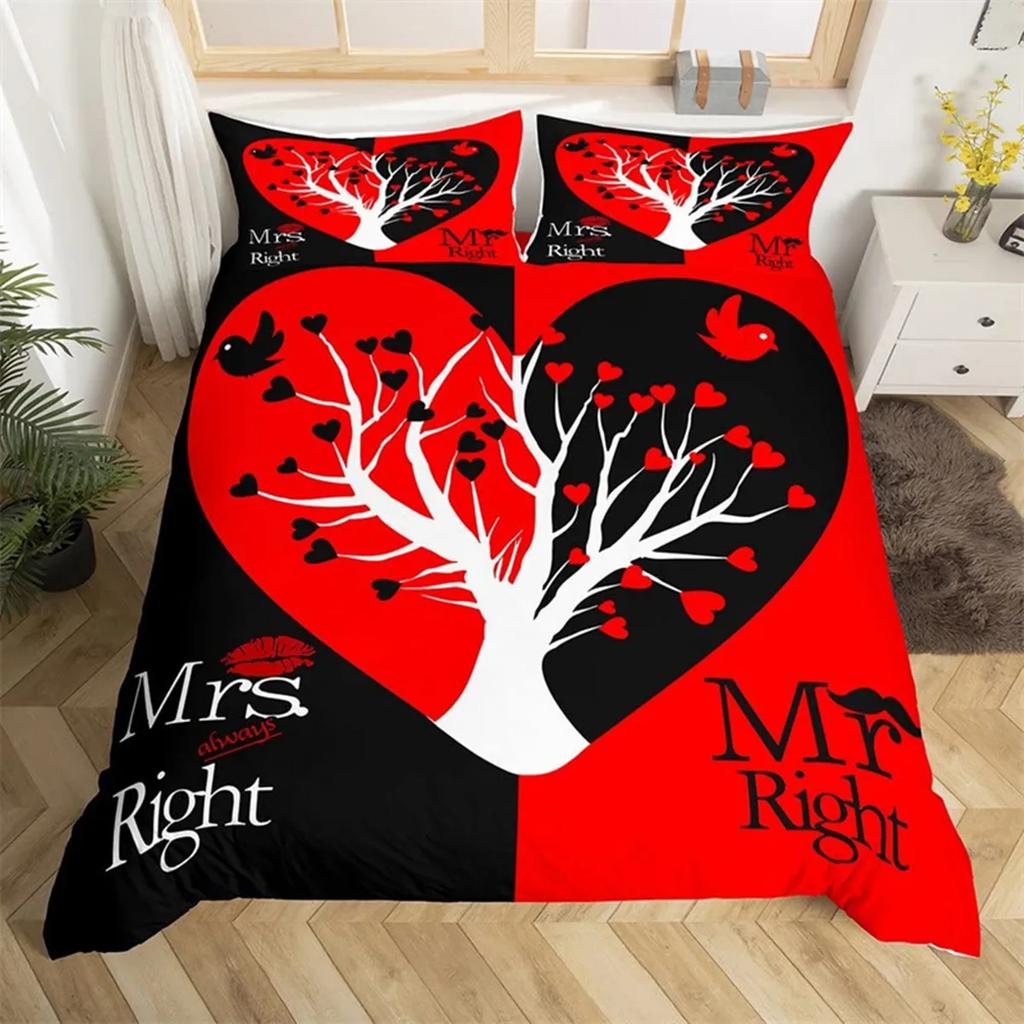 Couple Romantic Wedding Mr And Mrs Duvet Cover Microfiber Funny Quotes Love Heart Happiness Love Birds For Valentine'S Day Adult