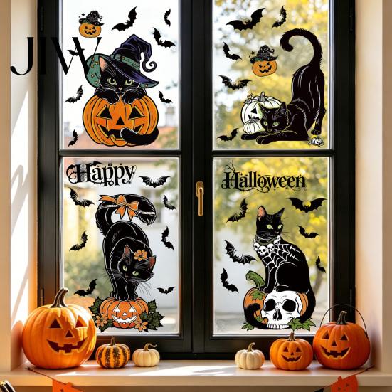 Seasonal Window Adsorption 4 Sheets Halloween Black Cat Clings, Spooky Pumpkin Reusable Sticker Sticker, Double Sided Static Decals for Glass