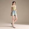 RAIN.CUN Women's Retro Distressed High-Waist A-Line Wide-Leg Denim Shorts