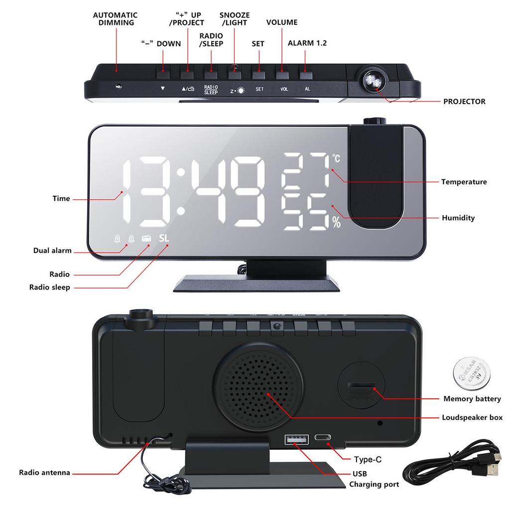 Dual Alarm Projection LED Mirror Clock with Large Display
