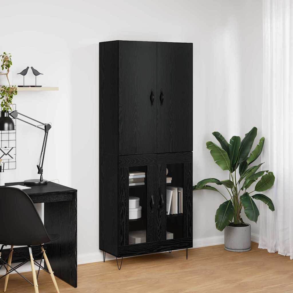 Highboard Set 2 pcs Black Oak Effect Engineered Wood and Glass