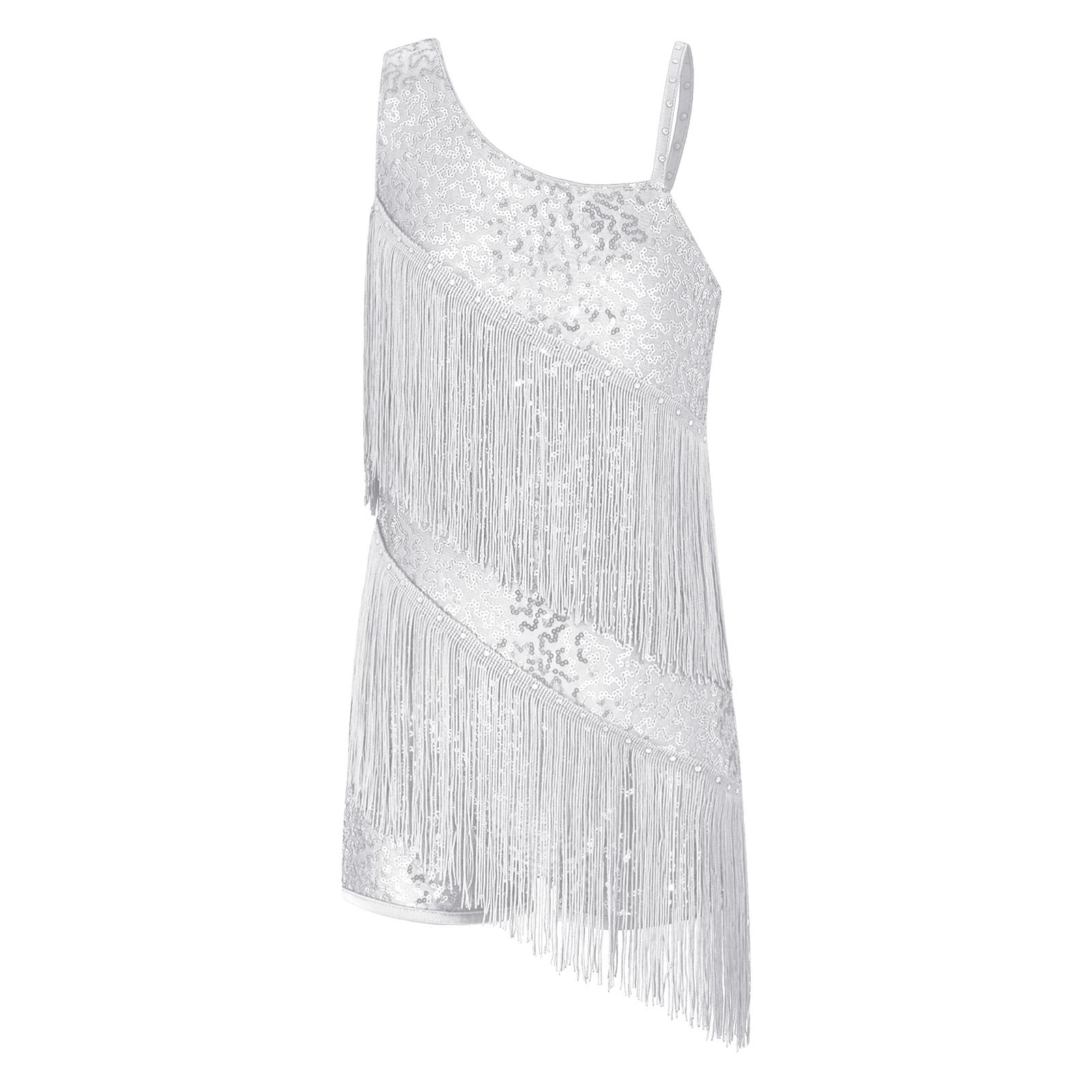 

Girls Sleeveless Asymmetric Shoulder Shiny Sequins Rhinestone Decorated Tassel Shorts Bottom Latin Dance Leotards 5-6 Years білий