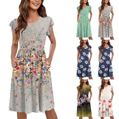 Women's Round Neck Summer Fly Sleeve Casual Printed Loose Button Pocket Midi Dresses