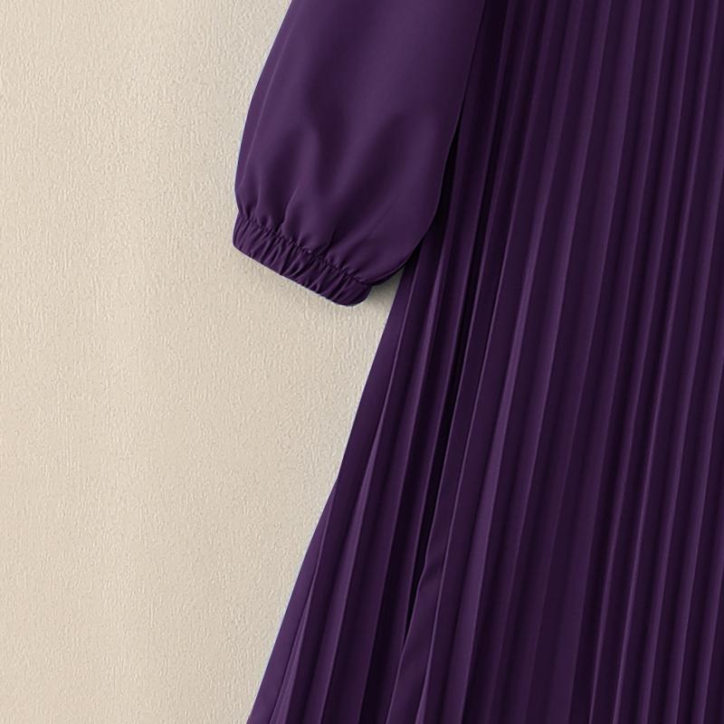 ZANZEA Women Round Neck Long Sleeve Casual Pleated Long Dress