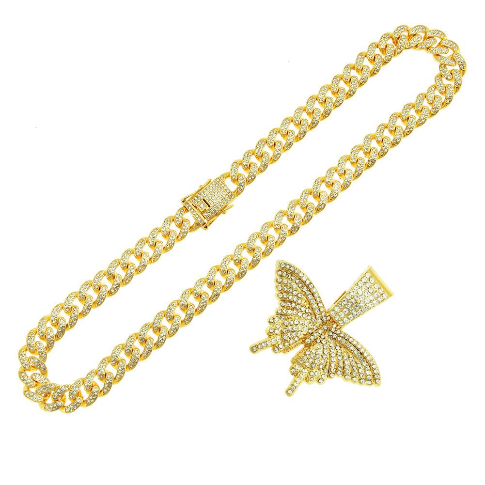 Diamond Three-dimensional Butterfly Pendant Cuban Chain, Eu US Fashion Punk Versatile Wide Chain Accessories, Hip-hop Tide Brand Beautiful