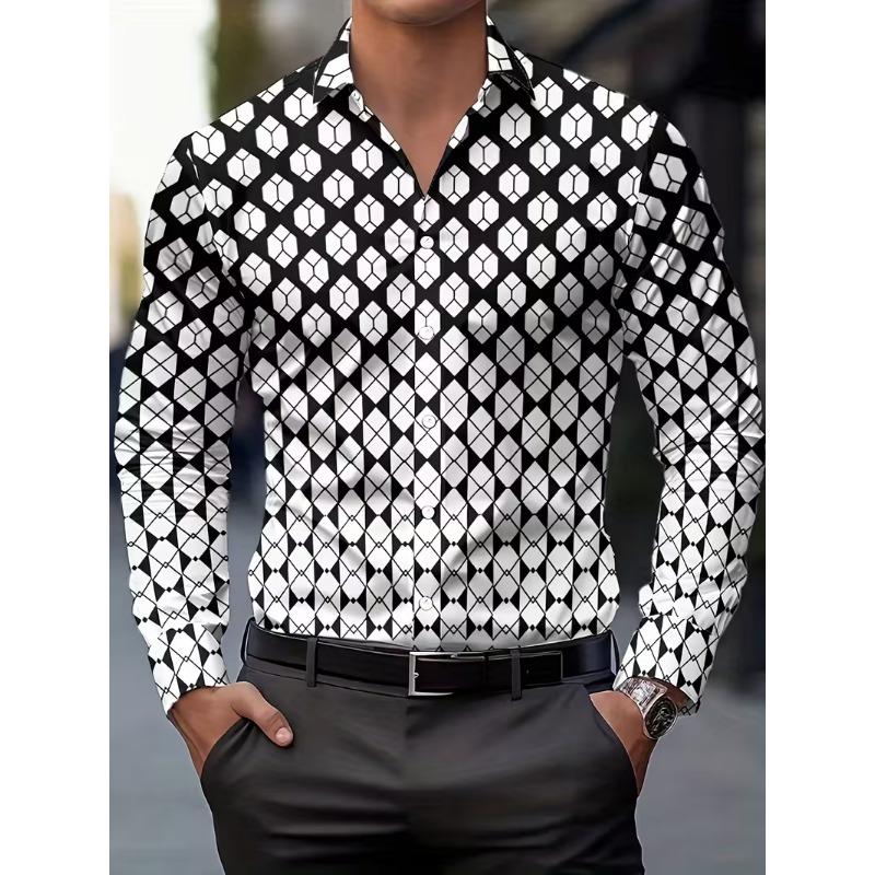 Novel geometric patterns 3D printing men s long sleeve shirt Spring New fashionable design casual lapel button Men Clothing Tops S