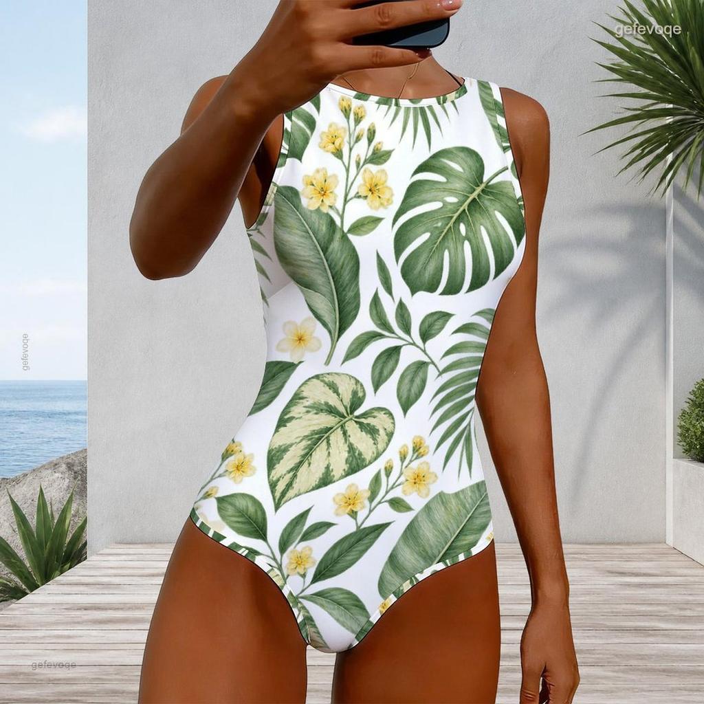 Women Plus Size High Round Neck Sleeveless One Piece Swimsuit White Tropical Leaf Floral Printed