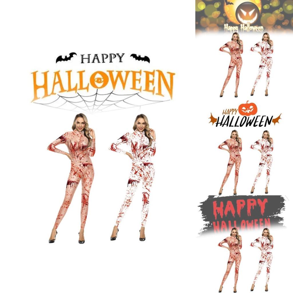 Trendy 2024 European And American Style Women's Halloween Jumpsuit With Bloodstain Digital Print Design