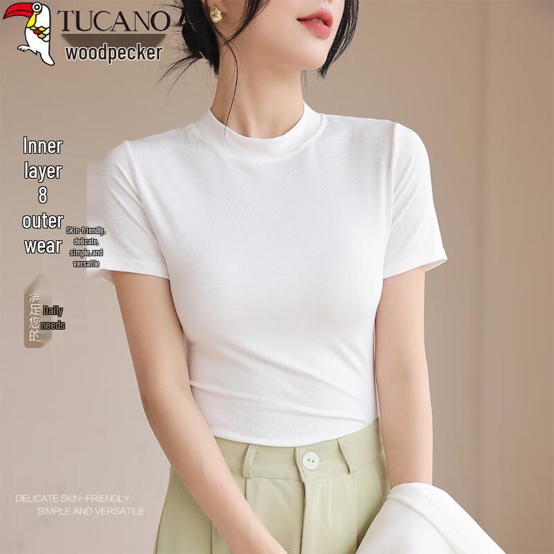 Woodpecker Women s Solid Short Sleeve Semi-High Collar Slim Fit T-Shirt M