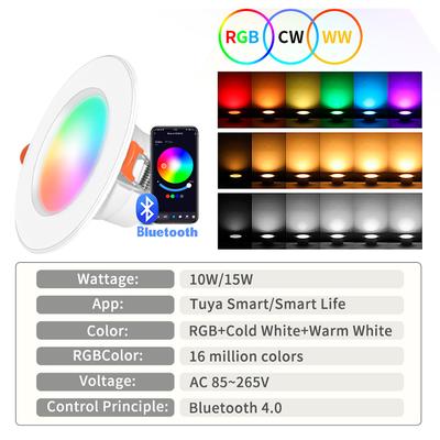 85–265 V, 10 W/15 W Bluetooth-LED-Einbaustrahler RGBCW, dimmbar, mit Tuya Smart Life App-Steuerung für Wohnzimmer und Schlafzimmer