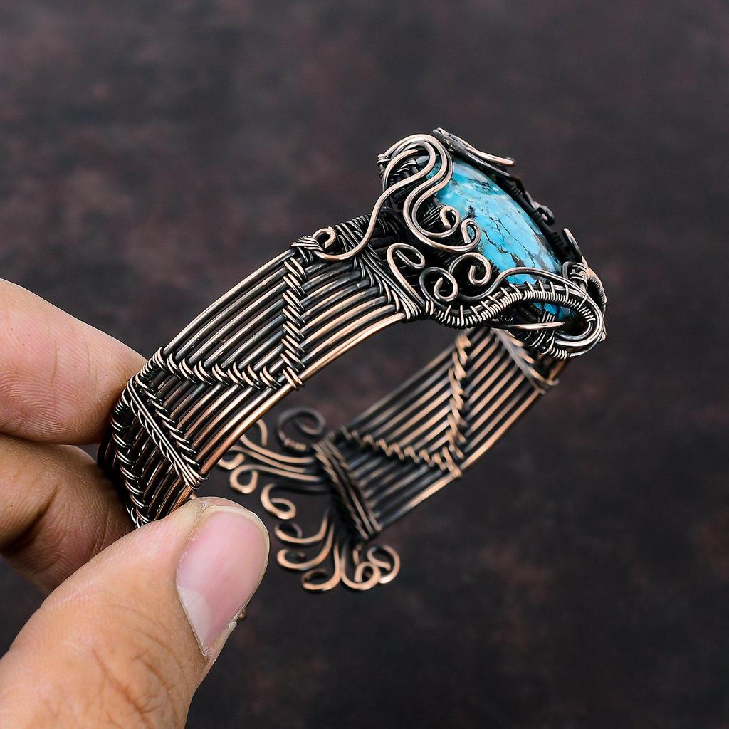 Tibetischer Türkis Edelstein Armreif Verstellbarer Manschettenarmreif Kupferdraht umwickelter Armreif Handgefertigter Designer Armreif Kupferschmuck Geschenk für Frauen