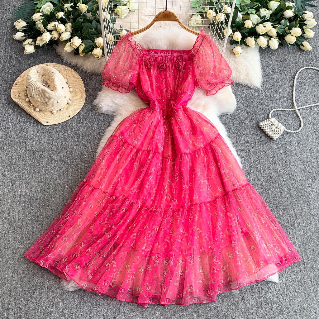 French princess sweet floral square neck bubble sleeve dress women's autumn and winter waist thin lotus leaf edge big swing dress