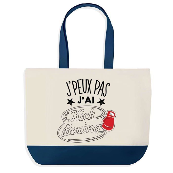 Tote bag - PLANETEE - Sac shopping fond bleu "J'peux pas Kick Boxing" - Coton - 40x45 cm - Design graphique