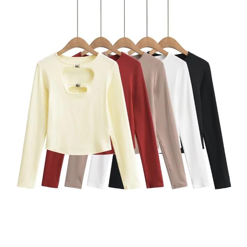Spring Women's Hollow Round Neck Waist Tight Inner Long Sleeve T-shirt