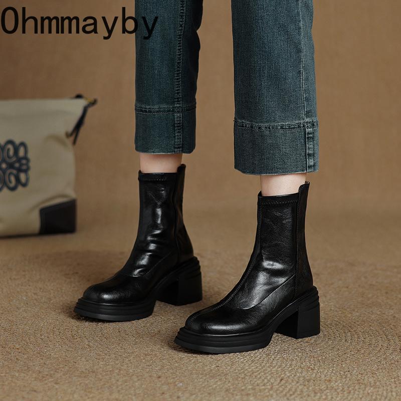 Vintage Platform Heels Women Ankle Boots Fashion Round Toe Stretch Slim Short Booties Shoes  Mujer