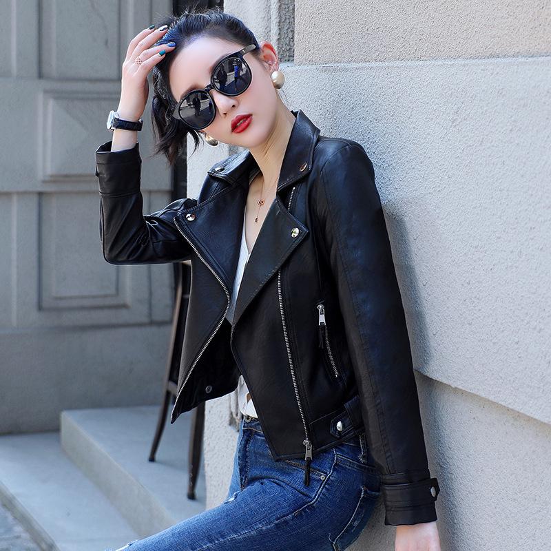 

Женская приталенная мотокуртка из ПУ кожи в корейском стиле - Осенняя короткая модная M чёрный