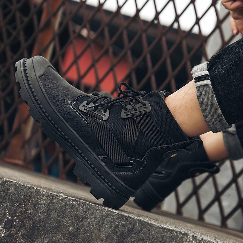 2024 Autumn Winter Fashion Men Lace Up Round Toe Ankle Boot Leather High Quality Comfortable Black Leather Platform Casual Boots