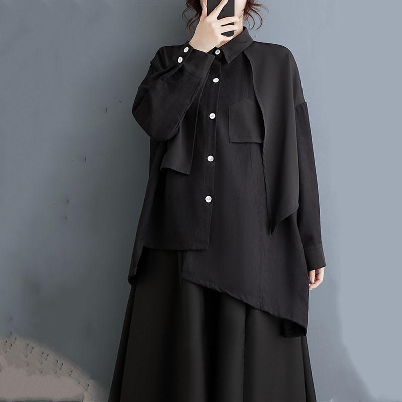 

Черные рубашки и блузки больших размеров с длинным рукавом, повседневные свободные топы на весну и осень, женская рубашка на пуговицах