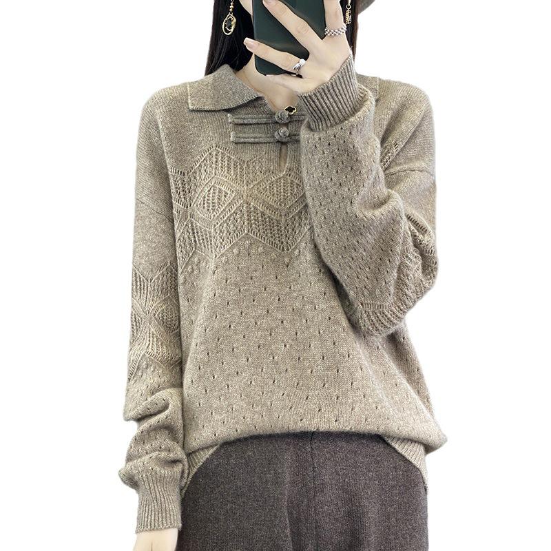 Women's Cashmere Lapel Sweater - Versatile Long Sleeve Knitwear for Autumn/Winter