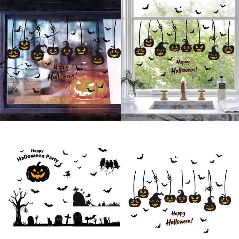 Autocollant de Fenêtre Réutilisable pour Halloween Design Chauve-souris et Citrouille Autocollant Statique Décorations Pour Usage Intérieur et Extérieur