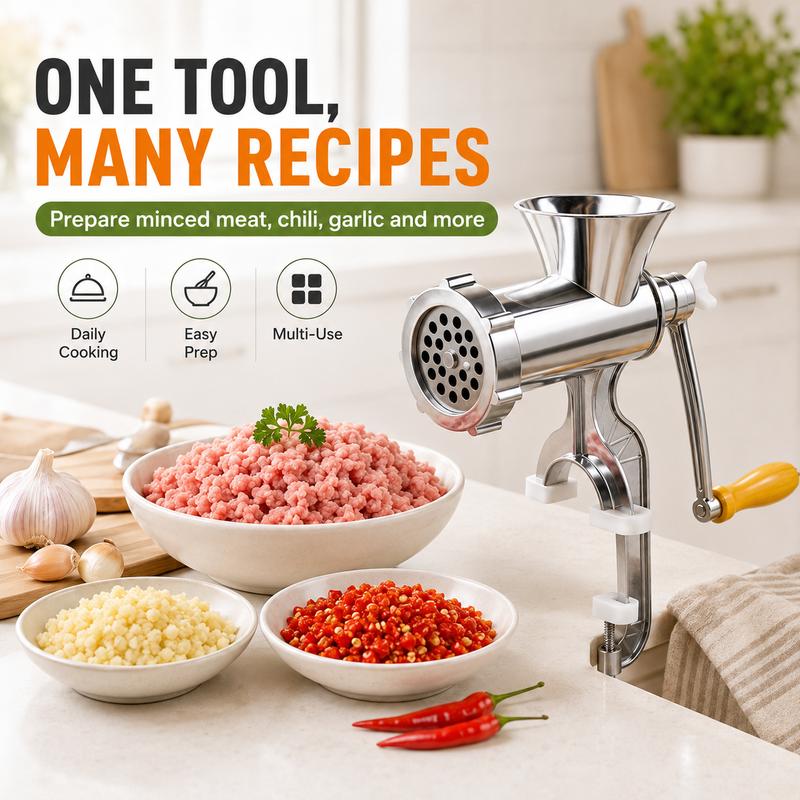ZNLYRION Stainless Steel Manual Meat Grinder Hand Crank Mincer Sausage Stuffer Machine Table Clamp Design Household Kitchen Tool for Mincing Meat