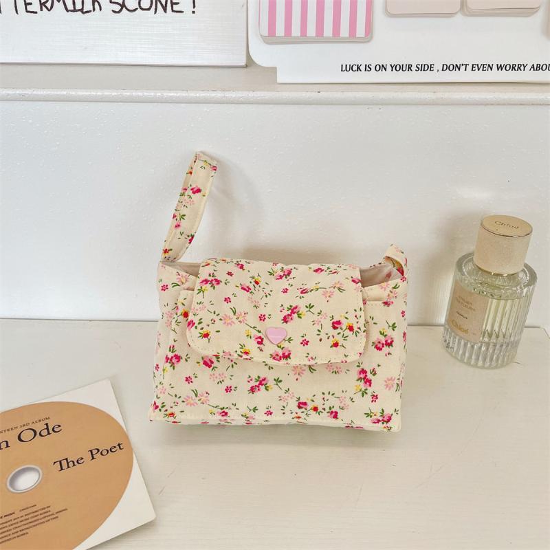 Print Floral Makeup Bag Snap Button Soft Cotton Cosmetic Pouch Flower Fabric Handle Layered Storage Bag School Students