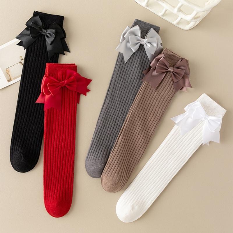 Girls Knee High Cotton Socks Big Ribbons Bow Back To School Socks, Ribbons Bows Long Socks Uniform Party Wear Stockings