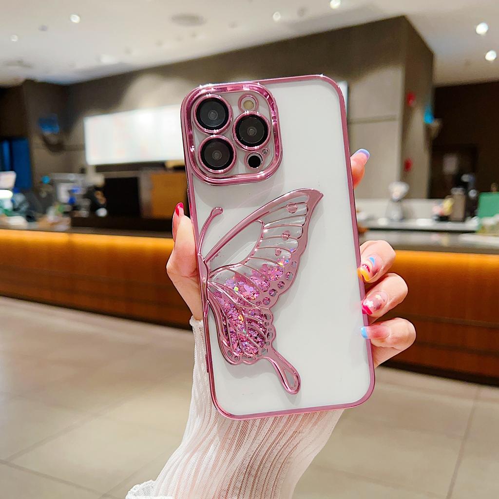 Suitable for IPhone16proMax Butterfly Sand Phone Case Electroplating 15 Apple 14 Full Cover Lens Film Protective Case