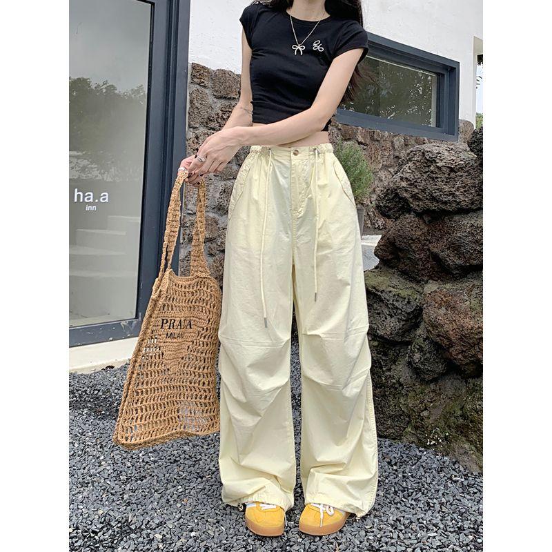 

Kumikumi American Workwear Casual Pants Women Fall High Waist Stylish Straight-Leg Pants Loose-Fitting Mopping Pants Ankle Banded Pants Yellow L