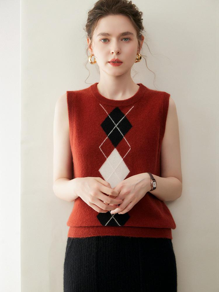 2025 A/W Women's Cashmere Diamond Pattern Sleeveless Knit Sweater Vest