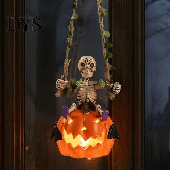 Window Display Accessory Swing Skeleton with Lighted Pumpkin, Light-up Ornament, Halloween Figurine Hanging Statue for Indoor Front Porch Decor Creepy