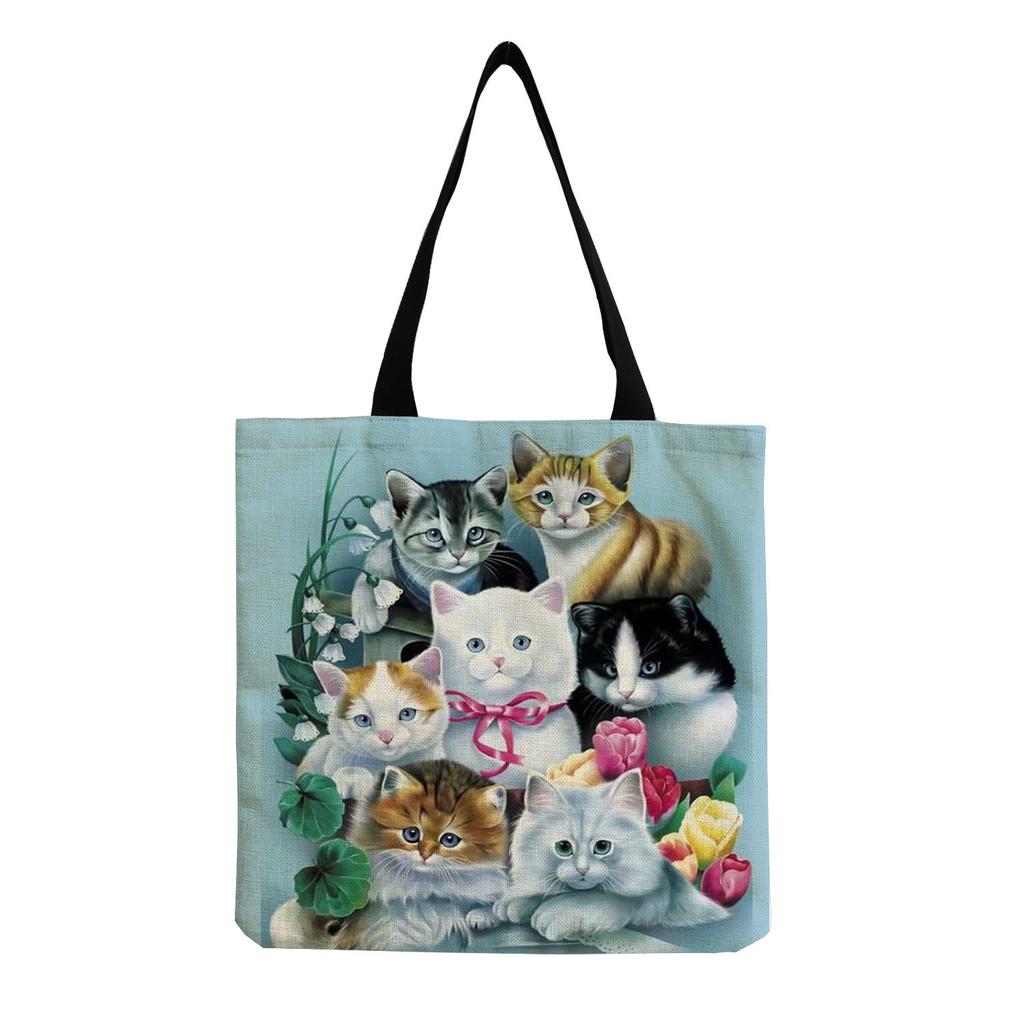 Women Vintage Linen Tote Bag - Large Capacity Cat Print Shoulder Handbag for Casual & Grocery Shopping KTB