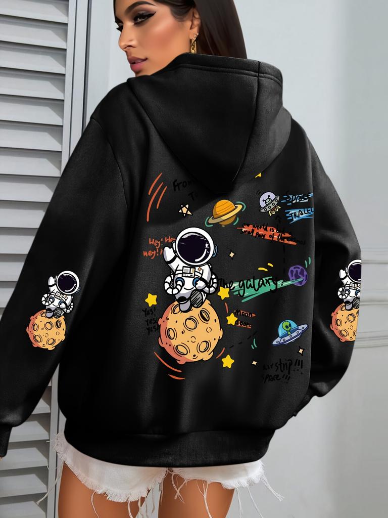 Galaxy und Astronaut Cartoon Print Kapuzenpullover Damen Rundhals Lässig Weicher Hoodie Mode Oversize Hoodie Herbst Warm Fleece Kapuzenpullover
