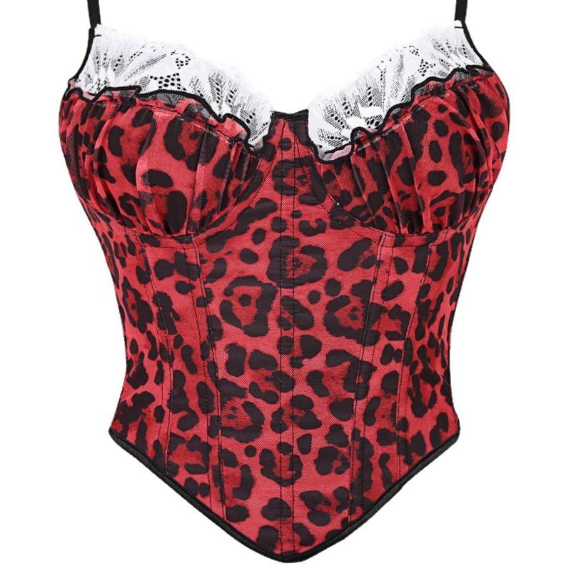 

Red Leopard Print Corset Top with Lace Trim Spaghetti Straps Sweetheart Neckline Boned Bustier for Women S красный