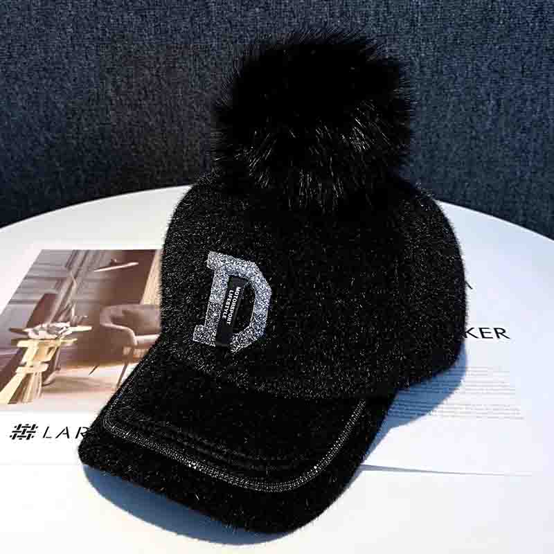And Ladies Autumn Hat Winter With Diamond Letter D Allmatch Baseball Cap Fur Ball White Peaked Cap Fur Ball Decor