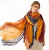 Gradient Blue Cotton-Linen Scarf: Retro Versatile Print, Long Pleated Women's Accessory for Autumn/Winter
