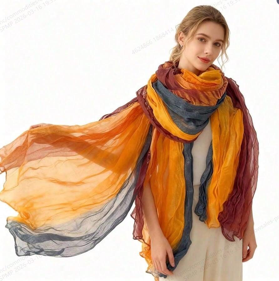 Gradient Blue Cotton-Linen Scarf: Retro Versatile Print, Long Pleated Women's Accessory for Autumn/Winter