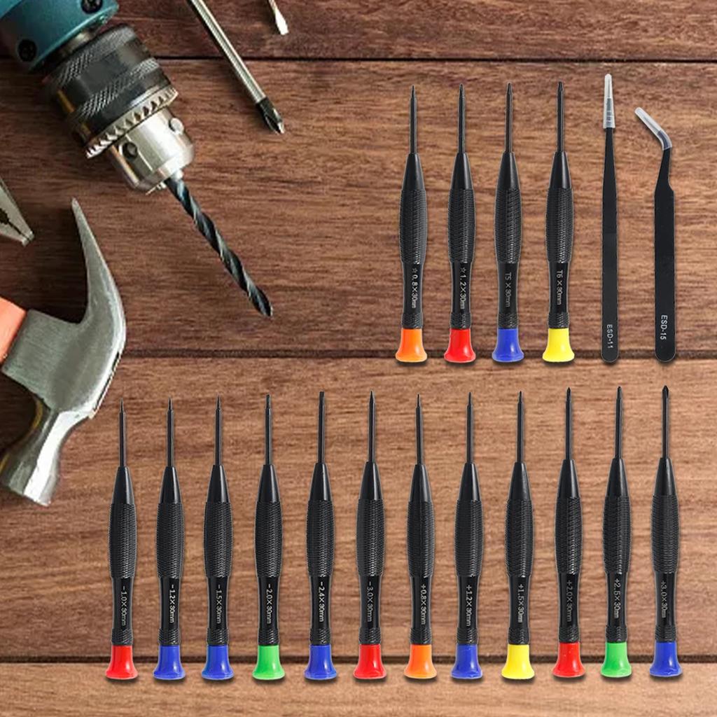 18Pcs Magnetic Screwdriver Set 0.8-3mm Micro Cross Screwdriver Kit Metric Pentagonal Torx Flat Head Screwdriver with Tweezers