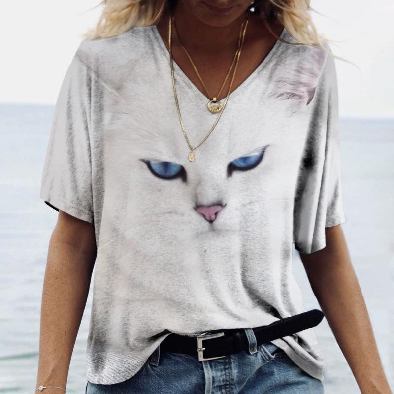 Sommer V-Ausschnitt 3D Katze Gedrucktes Oberteil Modische Lässige Kurzarm Damen T-Shirts